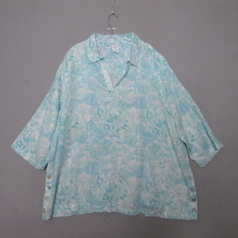 Sigrid Olsen Top 3X Floral Linen Coastal Boho Beachy Breathable Flowy Button